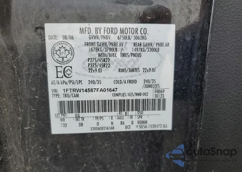 2007 Ford F150 Supercrew from USA, damaged, VIN 1FTRW14587FA01647